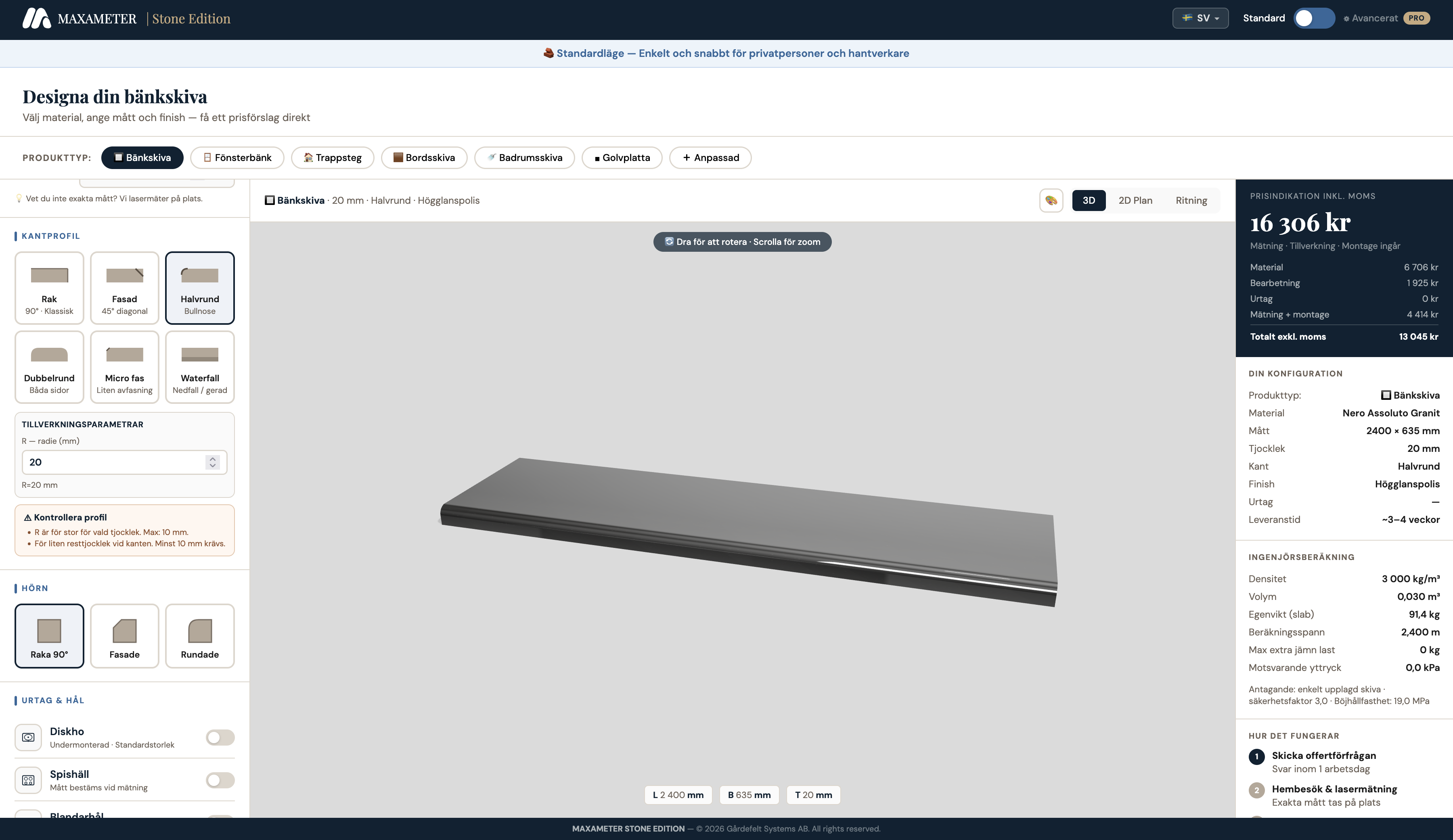 Stone Edition configurator – stone selection, 3D view and live price