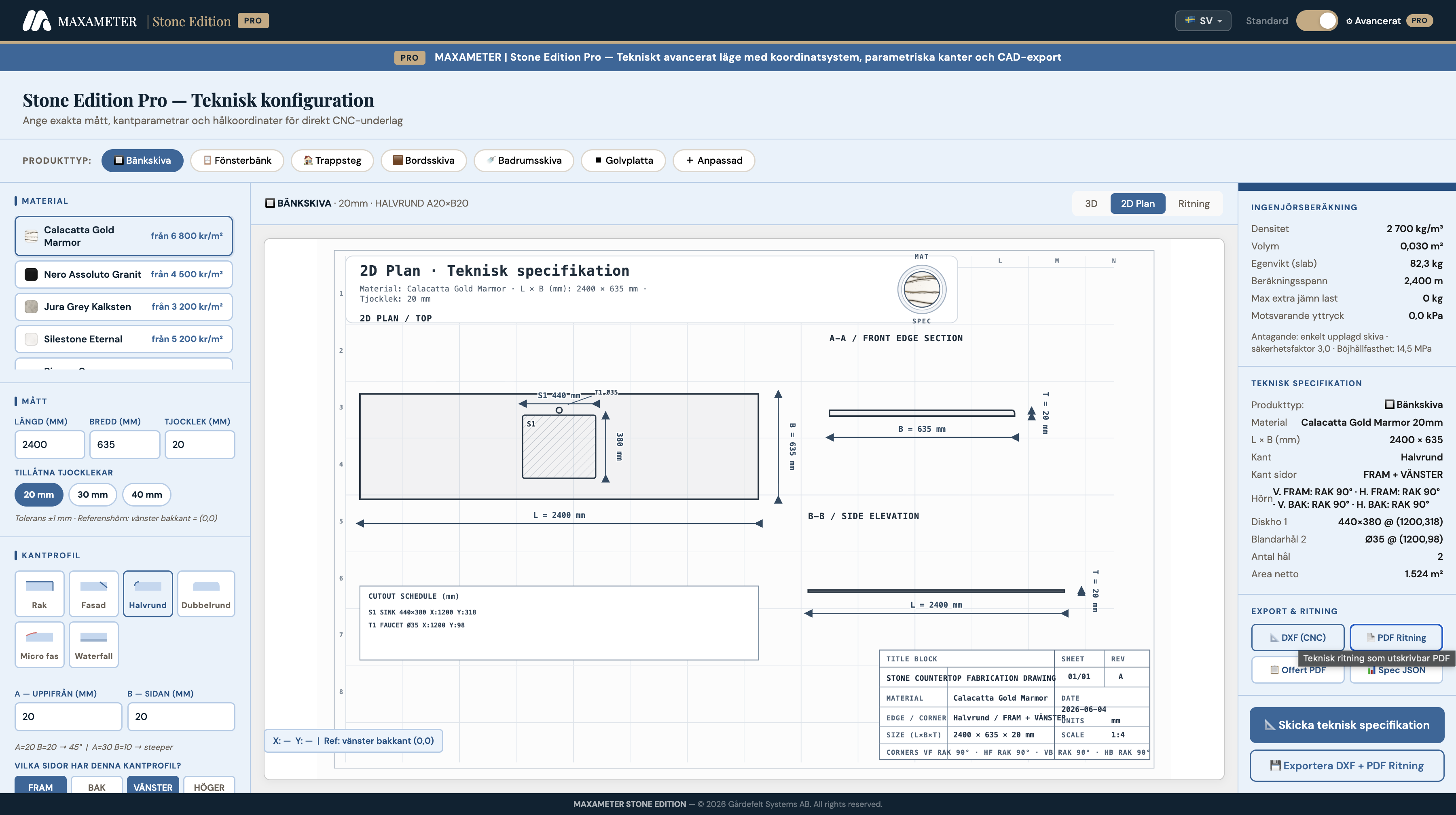 Production basis with PDF and CAD export (STEP, DXF)