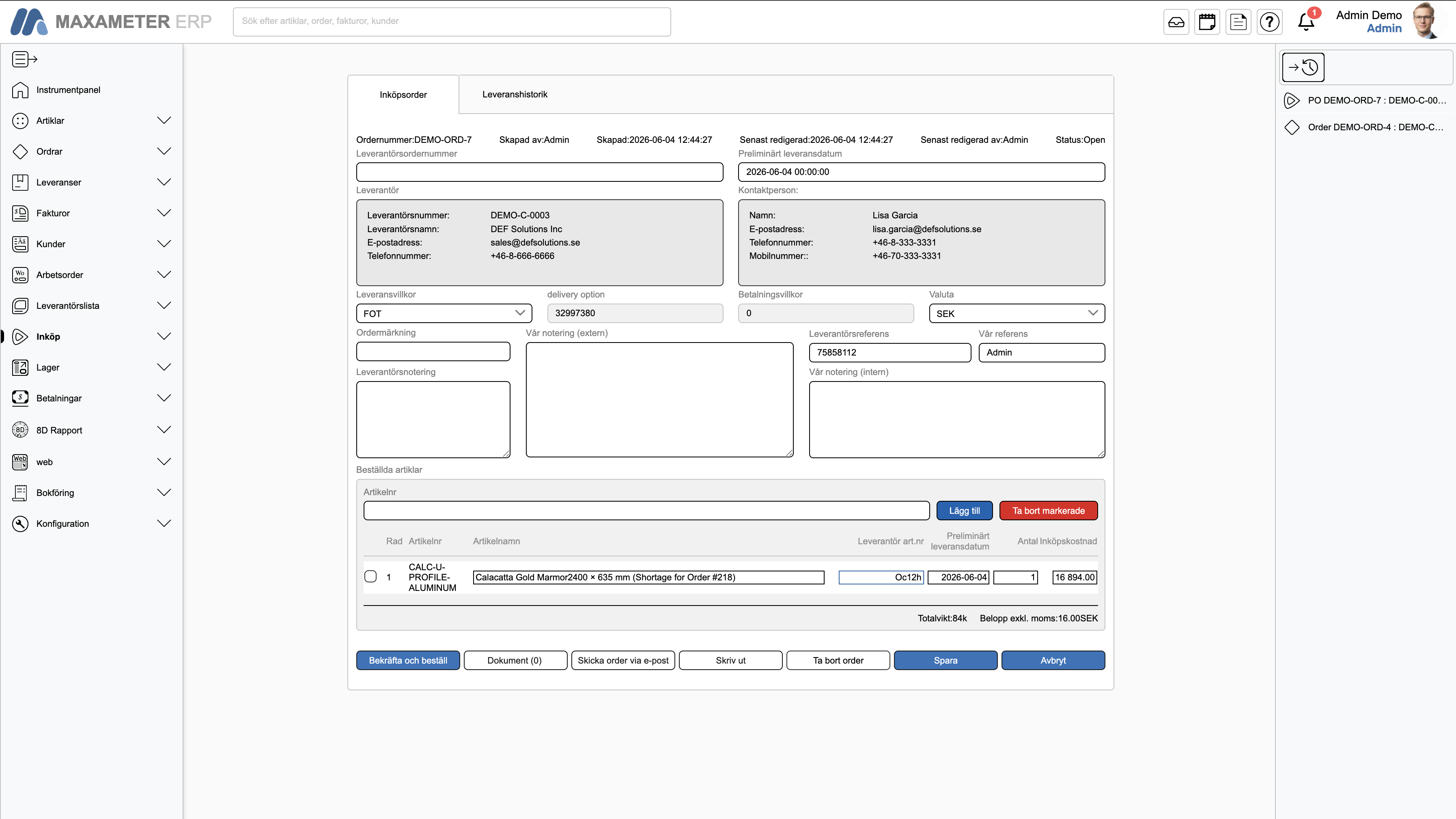 Generated purchasing basis from the order