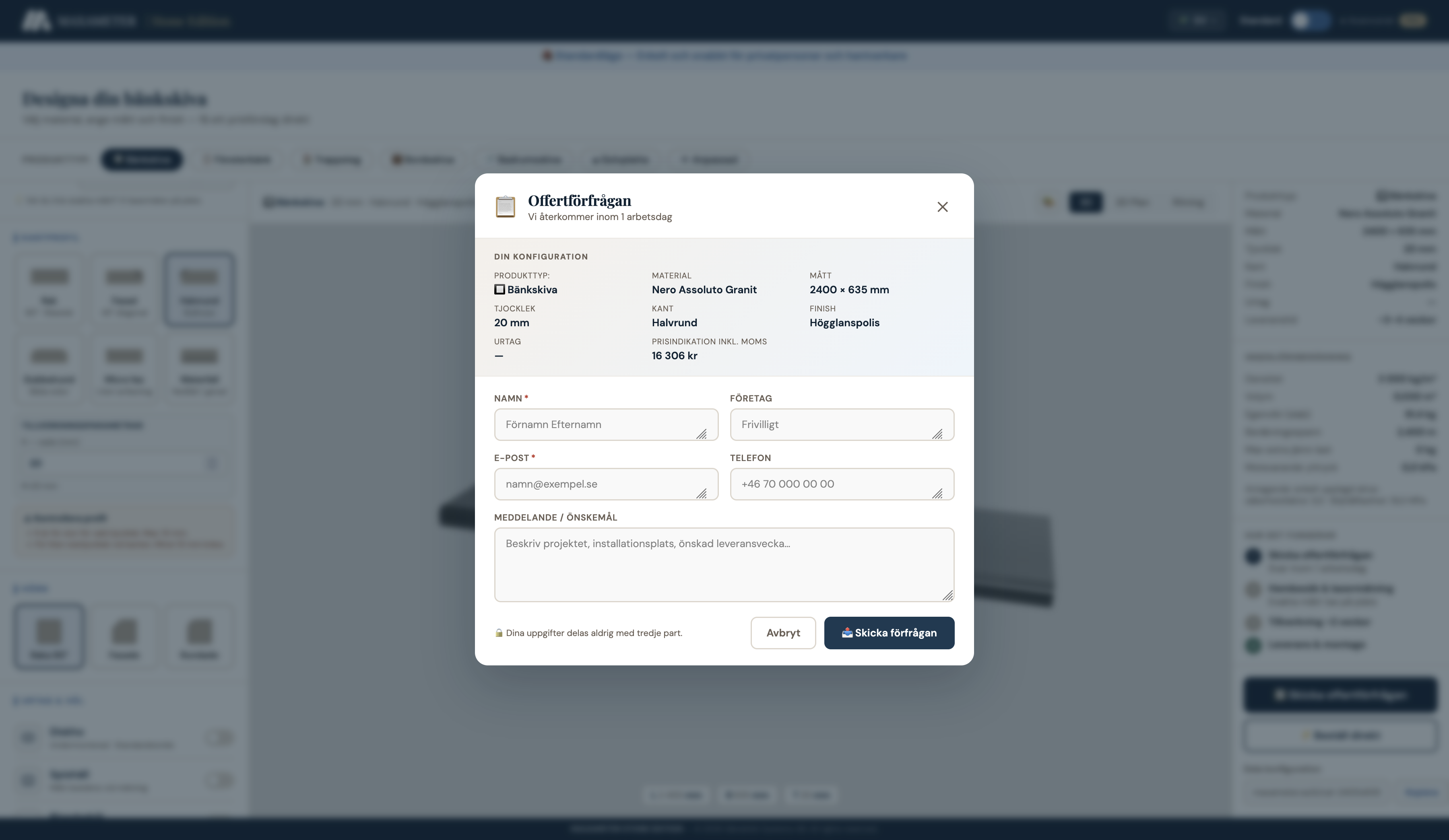 Admin – incoming quote request with 3D model and dimensions