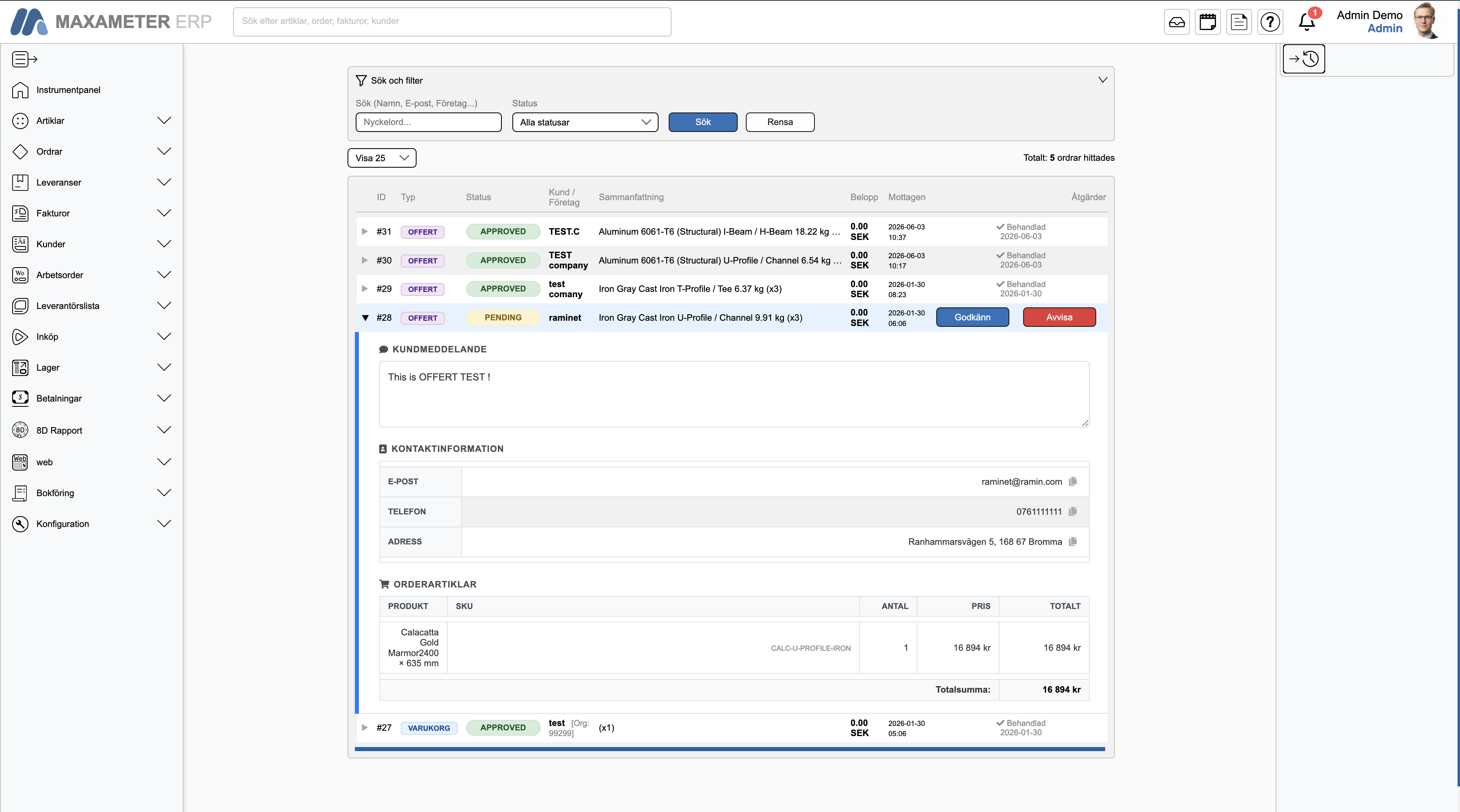 Sales view – adjust quote and send to customer